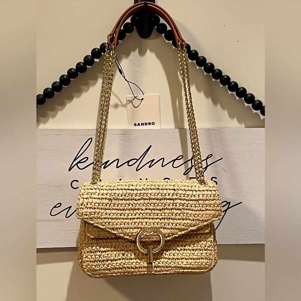 Sandro YZA Paille Wicker Raffia Straw Bag Purse Shoulder Crossbody Gold NWT